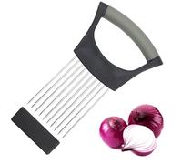 WOLMIK Cortador de cebolla de acero inoxidable, soporte para rebanadas de alimentos, cortador de verduras, herramienta auxiliar de corte, color negro, 14,3 cm x 9,5 cm