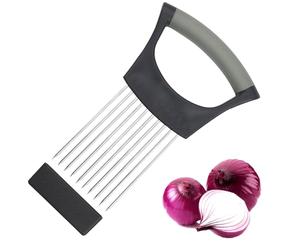 WOLMIK Cortador de cebolla de acero inoxidable, soporte para rebanadas de alimentos, cortador de verduras, herramienta auxiliar de corte, color negro, 14,3 cm x 9,5 cm