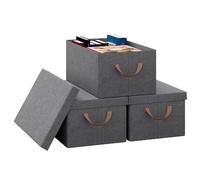 WOLTU 3 Piezas de Cajas Plegables de Almacenaje, Cajas Almacenamiento con Tapa y Asas para Ropa, Organizador de Tela para Armario, Cajas para Guardar Ropa, Gris 27L