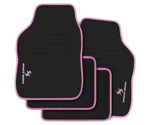 WOLTU Alfombrillas Universales para Coche, Alfombra Moqueta con Bordado de Sports, Alfombrilla Antideslizante para Todas Las Estaciones, 4 Piezas, Negro con Borde en Polvo