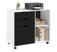 WOLTU Archivador Móvil, Cajonera de 3 Cajones y 2 Estantes Abiertos, con 5 Ruedas y Barra Colgante, Armario de Oficina para Carpetas y A4, 80x39,5x69,5 cm, Blanco+Negro