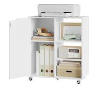 WOLTU Armario para Impresora con Ruedas, Mueble Auxiliar de Oficina con 3 Estantes Abiertos y 2 Ocultos Tras Puerta, Armario Almacenamiento Multifuncional, 60x35x70 cm, Blanco