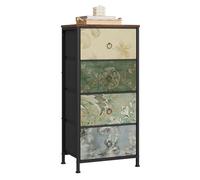 WOLTU Cajonera de Tela, Cómoda Organizador | 4 Cajones, para Dormitorio y Salon, Marco de Metal, Marrón Rústico+Negro+Flores Vintage