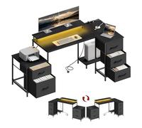 WOLTU Escritorio en L, 180x80x84 cm Escritorio Esquinero 5 Cajones, 2 Enchufes 1 Puerto USB 1 Puerto Tipo C, Mesa Ordenador Reversible con Luz LED, para Gaming Estudio Oficina, Negro