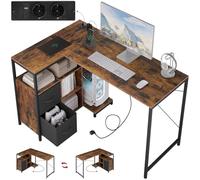 WOLTU Escritorio Esquinero en L con USB Dual - Mesa 120x80cm de Estantes Reversibles & Base Cargador, Armazón Gaming, Industrial Retro