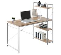 WOLTU Escritorio, Mesa para PC | Con 4 Estantes, para Oficina/Estudio/Dormitorio, 120x60 cm, Tablero de Roble con Estructura Metálica Blanca