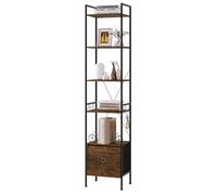 WOLTU Estantería Alta de 5 Niveles, Estantería Estrecha de Almacenaje, con 1 Cajones y 4 Ganchos, para Dormitorio, Estudio y Salón, Marrón Rústico+Negro, RGB63vbn