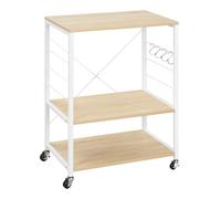 WOLTU Estantería de Cocina con Ruedas, Carrito Auxiliar con Estanteria Almacenaje 3 Niveles, Carro Cocina con 4 Ganchos, Estante de Microondas, Marco Metalico, Blanco + Roble Claro, 60x40x82,5 cm