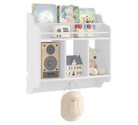 WOLTU Estantería Pared para Niños, Librería Infantil Flotante, Estantes de Pared con 3 Compartimentos y 4 Ganchos de Pomo, para Guardería, Habitación Infantil y Sala de Juegos, Blanco