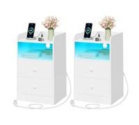 WOLTU Juego de 2 Mesita de Noche con Estación de Carga y Luz LED, Mesa Auxiliar con Enchufes, Puertos USB, Mesa Noche de Madera con Cajones, 40x35x64 cm, para Dormitorio, Blanca, NTS07ws-2