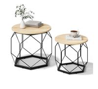 WOLTU Juego de 2 Mesitas de Cafe, Auxiliar con Tablero Redondo, Mesa Centro en Estructura Metálica, Ideal para Salon y Dormitorio, Roble Claro+Negro, BTS05hei