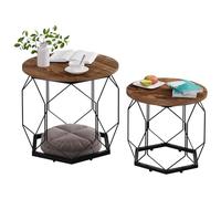 WOLTU Juego de 2 Mesitas de Cafe, Mesa Auxiliar con Tablero Redondo, Centro en Estructura Metálica, Ideal para Salon y Dormitorio, Madera Vintage+Negro, BTS05hov