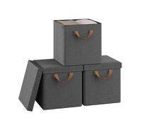 WOLTU Juego de 3 Cajas Almacenaje de Tela, Cubos Plegables con Tapa, con Asa y Marco Metálico, para Armario y Estantería, Gris, 27x27x27cm