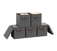 WOLTU Juego de 5 Cajas Almacenaje de Tela, Cubos Plegables con Tapa, con Asa y Marco Metálico, para Armario y Estantería, Gris, 27x27x27cm
