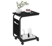 WOLTU Mesa Auxiliar en Forma de C, Mesa de Centro con Ruedas, Mesita Lateral para Sofá y Cama con 2 Estantes y 1 Bolsillo, Estructura Madera y Metal, 50x35x62 cm, Negro BTS04sz