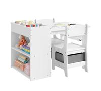 WOLTU Mesa Infantil con 2 Sillas, Mesa para Niños con Estantería de 3 Niveles, Conjunto Muebles Infantiles, con 1 Portarrollos y 2 Cajas de Tela, para Sala de Juegos y Guardería, MDF, Blanco