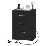 WOLTU Mesita de Noche, Mesa de Centro con Enchufes y Puerto USB, Mesita de 3 Cajones, Mesilla de Nochepara Dormitorio, Salón y Estudio, Negra, MDF, 39x28,5x54,5 cm