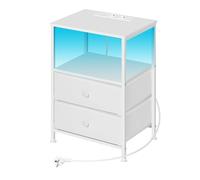 WOLTU Mesita Noche con Enchufes, Mesa Auxiliar Luz LED, 2 Cajones de Tela y Estantes Abiertos, Mesilla de Noche Blanca, parae Salón, Dormitorio y Oficina, Metal + MDF, NTS27ws