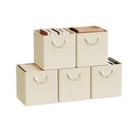 WOLTU Pack 5 Cajas Plegables de Almacenaje en Tela, Cubos de Almacenamiento para Ropa, Cestas Organizadoras para Estantería y Armario, con Asas y Armazón Metálico, Crema, 26x26x26,5cm
