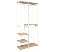 WOLTU Perchero Burro Ropa con Estante Multiusos Fuerte Metal y Madera 90 x 40 x 204,5 cm(L x P x H) Color Blanco+Roble Claro