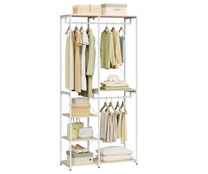 WOLTU Perchero Burro Ropa con Estante Multiusos Fuerte Metal y Madera 90 x 40 x 204,5 cm(L x P x H) Color Blanco+Roble Claro