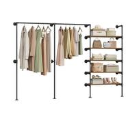 WOLTU Perchero de Pared, Armario Abierto, Perchero con 5 Estantes de Madera, Burro para Ropa, Riel de Tubos Metálicos, Diseño Industrial y Vintage, Negro + Marrón Rústico