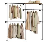 WOLTU Perchero de Pared, Armario Abierto, Perchero con Estante, Burro para Ropa, Barra de Colgar de Tubos Metálicos, Diseño Industrial y Vintage, Negro + Marrón Rústico