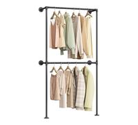 WOLTU Perchero de Pared Industrial, 2 Rieles para Colgar Ropa, Armario Abierto, Perchero Industrial de Tubos de Metal, Barras Colgantes para Dormitorio y Vestidor, Negro, 102,5x36,5x187 cm