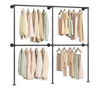WOLTU Perchero de Pared Industrial, 4 Rieles para Colgar Ropa, Armario Abierto, Perchero Industrial de Tubos Metálicos, Barras Colgantes para Dormitorio y Vestidor, Negro, 193x36,5x187 cm