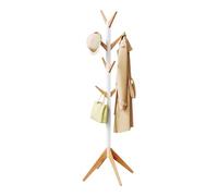 WOLTU Perchero Madera de Pie Tipo de Árbol para Colgar Ropa con 8 Ganchos en 4 Niveles Altura de 180 cm, Color Blanco + Naturaleza