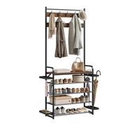 WOLTU Perchero Recibidor, Perchero Zapatero con Paragüeros, Zapatero Entrada Recibidor Moderno, 80x30x190 cm, 9 Ganchos y 4 Estantes, Estructura de Metal Duradero, Marrón Rústico + Negro