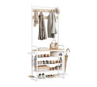 WOLTU Perchero Recibidor, Perchero Zapatero con Paragüeros, Zapatero Entrada Recibidor Moderno, 80x30x190 cm, 9 Ganchos y 4 Estantes, Estructura de Metal Duradero, Roble Claro + Blanco