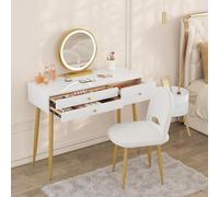 WOLTU Set Tocador con Espejo LED 3 Temperaturas, Taburete de Terciopelo, 3 Cajones de Madera Maciza, 100×40×122 cm, Mesa de Maquillaje Moderna Blanco Champán