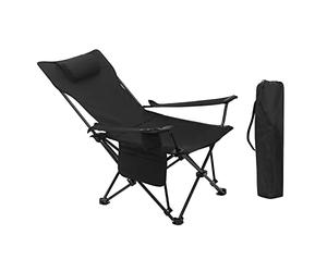 WOLTU Silla de Camping Plegable y Portátil, Silla de Acampada Ligera con Portavasos, Reposacabezas y Bolsas, Estructura Metálica para Soportar 150 kg, para Picnic, Playa, Jardín, Pesca, Negro
