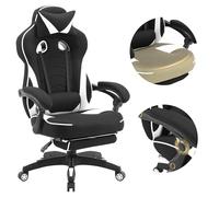 WOLTU Silla Gaming en Tela Transpirable, Ergonómica Silla Gamer con Reposapiés, Sillón Giratorio Videojuegos, Silla Oficina con Asiento Ancho y Cómodo para Personas Grandes, Negro+Blanco