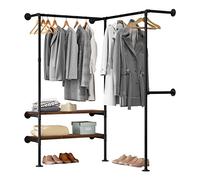WOLTU Sistema de Perchero de Ropa, Riel para Ropa de Tubos Industriales con 2 Estantes, para Dormitorios, Tiendas y Guardaropas, Negro+Roble Oscuro