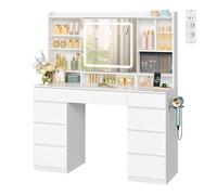 WOLTU Tocador de Maquillaje con 9 Cajones, 1 Bandeja de Joyas, Mesa Tocador Blanco con Espejo y Luz LED Ajustable, Estantes Abiertos, Estilo Moderno para Dormitorio
