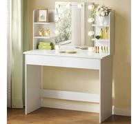 WOLTU Tocador de Maquillaje con Espejo, Luz LED, 10 Bombillas, 2 Cajones y 4 Estantes, Ancho 90 cm, Mesa de Tocador Moderno para Dormitorio, Blanco, MB6096ws