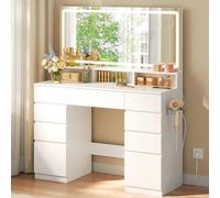 WOLTU Tocador Maquillaje con Espejo LED de Ancho 110 cm y Lupa 5X, Mesa Tocador con 9 Cajones y 3 Estantes, Estación de Carga y Soporte para Secador de Pelo, Blanco