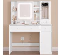 WOLTU Tocador Maquillaje con Joyero, Espejo Luz LED Ajustable, Mesa Tocador Maquillaje con Enchufes, Cajones y Estantes, Blanca, MB6125ws