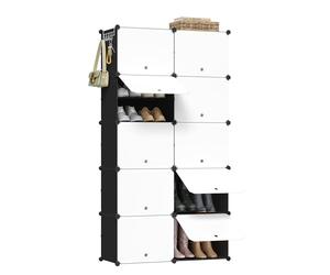 WOLTU Zapatero Blanco+Negro Plástico, Organizador de Zapatos de Panel Modular, Zapatero con 10 Compartimientos para 40 Zapatos, con Puertas y Ganchos, 35x35x45 cm (Compartimento)