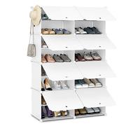 WOLTU Zapatero Blanco Plástico, Organizador de Zapatos de Panel Modular, Zapatero con 8 Compartimientos para 32 Zapatos, con Puertas y Ganchos