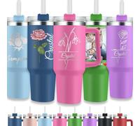 WolunLi Vaso personalizado de 40 onzas con asa y popote, taza de viaje personalizada con foto/texto, taza de acero inoxidable aislada al vacío para bebidas calientes y frías, gran regalo para mujeres