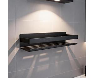 Womamny Estante de ducha sin taladrar, cesta de ducha negra de acero inoxidable, 40 cm, soporte para champú para canalón de ducha, estante de pared estable para baño