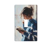 Woman in A Blue Striped Sweater Reading Light Switch Cover Decorative Single Toggle 1 Gang Wall Plate for Kitchen Farmhouse Bedroom Bathroom Art Decor