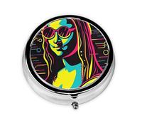 Woman in The Sunglasses - Pastillero redondo de metal respetuoso con el medio ambiente, organizador de viaje con 3 compartimentos para el hogar, oficina, viajes, medicina