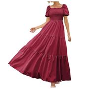 Women' 2026 Floral Boho Dress, Wrap, Round Neck, Short Sleeves, Belt, Ruffle Hem, A-Line, Flowy Maxi Dresses(Red,S)