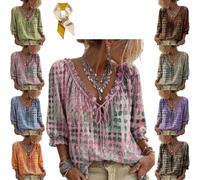 Women 3/4 Sleeve V-Neck Polka Dot Lace Up Blouse,Drawstring Lace-Up Ruffle Trim Shirt,Summer Casual Loose Flowy Shirts Top (FR/ES, Letras, XXL, Regular, Regular, Pink)