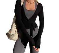 Women Ballet Wrap Top Ballet Cover Up Cross Tie Long Sleeve Deep V Neck Blouse Shirt Fitted Yoga Workout Wrap Top Pilates (Black,S)