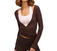 Women Ballet Wrap Top Ballet Cover Up Cross Tie Long Sleeve Deep V Neck Blusa Fitted Yoga Workout Wrap Top Pilates, café, S